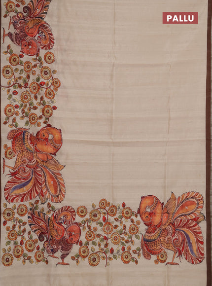 Semi raw silk saree beige and coffee brown with plain body and long kalamkari printed embroidery border