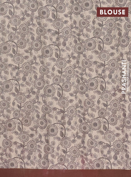 Semi raw silk saree beige and coffee brown with plain body and long kalamkari printed embroidery border