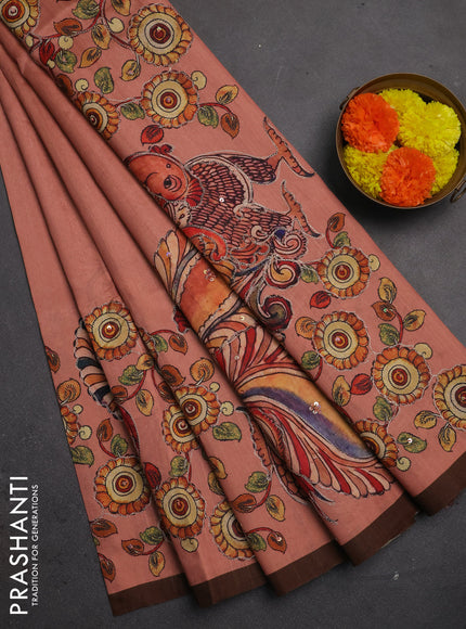 Semi raw silk saree peach and coffee brown with plain body and long kalamkari printed embroidery border