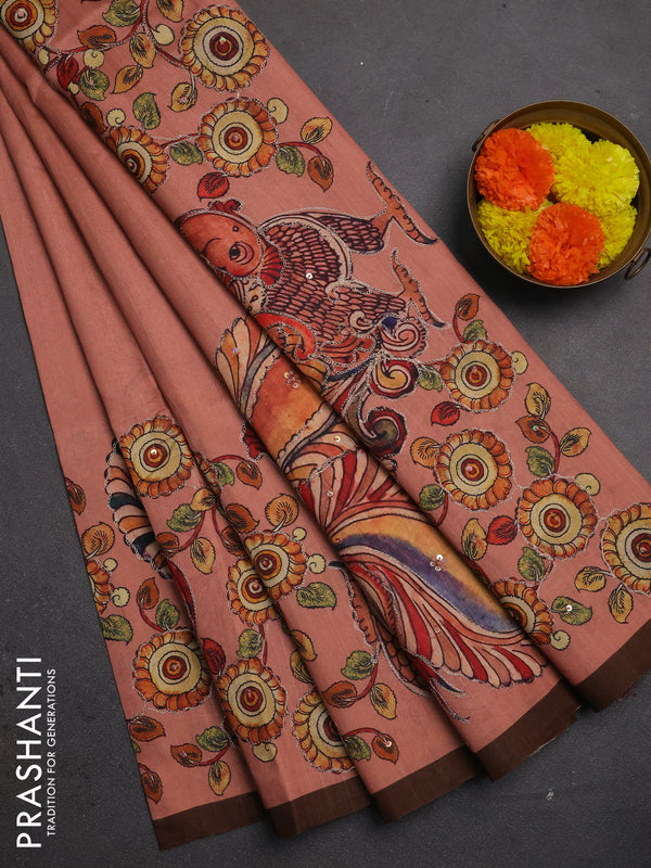 Semi raw silk saree peach and coffee brown with plain body and long kalamkari printed embroidery border