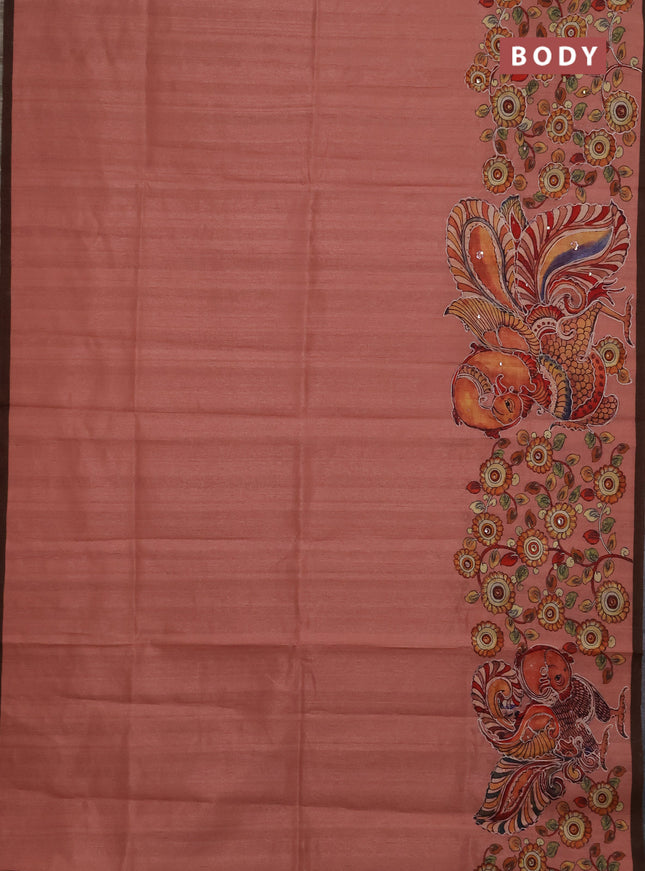 Semi raw silk saree peach and coffee brown with plain body and long kalamkari printed embroidery border