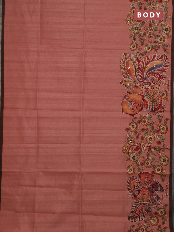 Semi raw silk saree peach and coffee brown with plain body and long kalamkari printed embroidery border