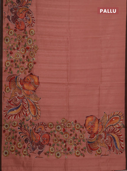 Semi raw silk saree peach and coffee brown with plain body and long kalamkari printed embroidery border