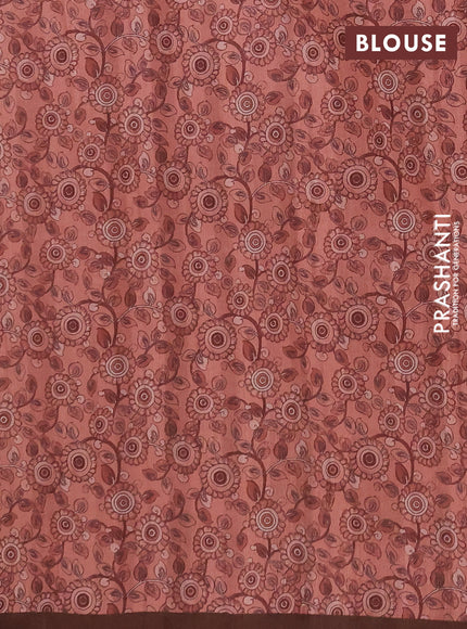 Semi raw silk saree peach and coffee brown with plain body and long kalamkari printed embroidery border