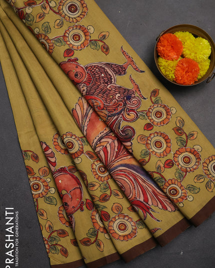 Semi raw silk saree mustard yellow and coffee brown with plain body and long kalamkari printed embroidery border
