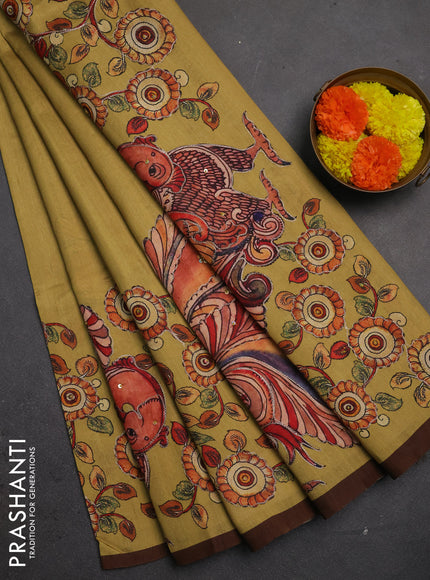 Semi raw silk saree mustard yellow and coffee brown with plain body and long kalamkari printed embroidery border