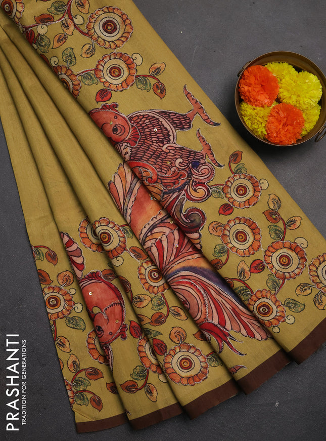 Semi raw silk saree mustard yellow and coffee brown with plain body and long kalamkari printed embroidery border