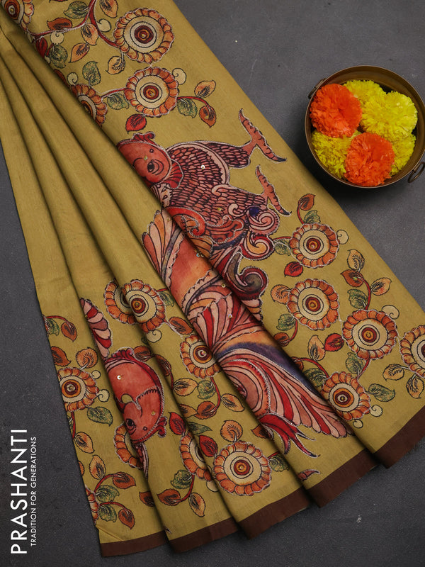 Semi raw silk saree mustard yellow and coffee brown with plain body and long kalamkari printed embroidery border