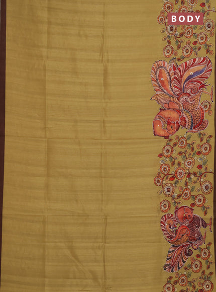 Semi raw silk saree mustard yellow and coffee brown with plain body and long kalamkari printed embroidery border