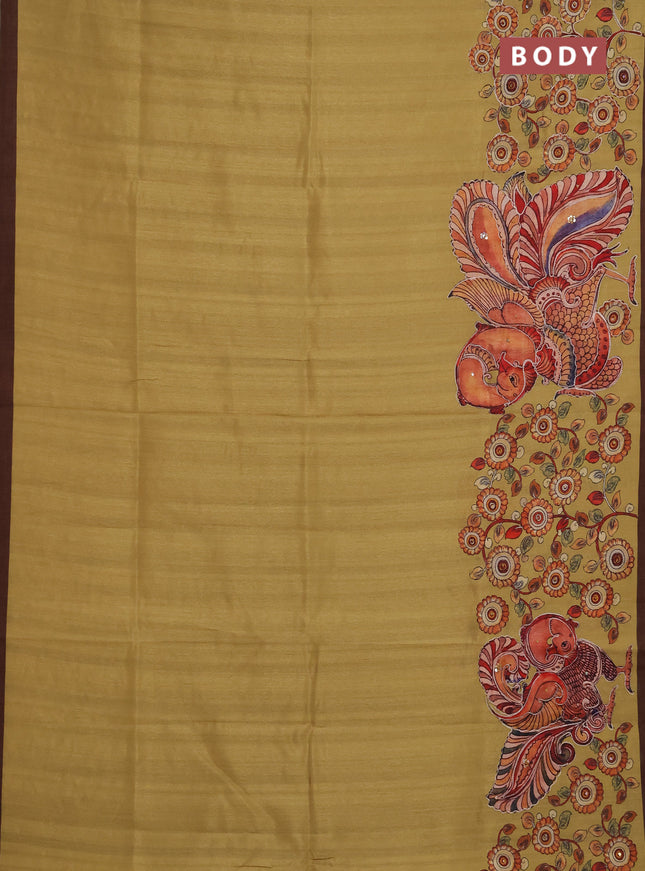 Semi raw silk saree mustard yellow and coffee brown with plain body and long kalamkari printed embroidery border