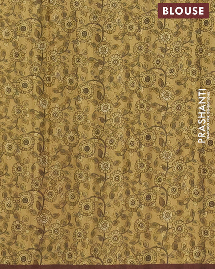 Semi raw silk saree mustard yellow and coffee brown with plain body and long kalamkari printed embroidery border