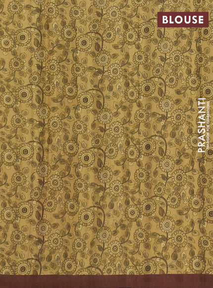 Semi raw silk saree mustard yellow and coffee brown with plain body and long kalamkari printed embroidery border