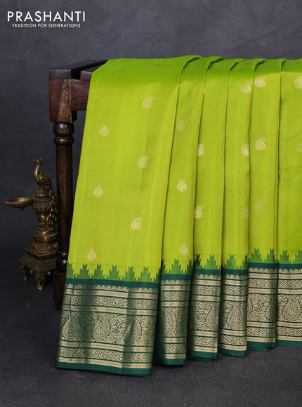 Pure gadwal silk saree light green and bottle green with zari woven buttas and temple design zari woven border