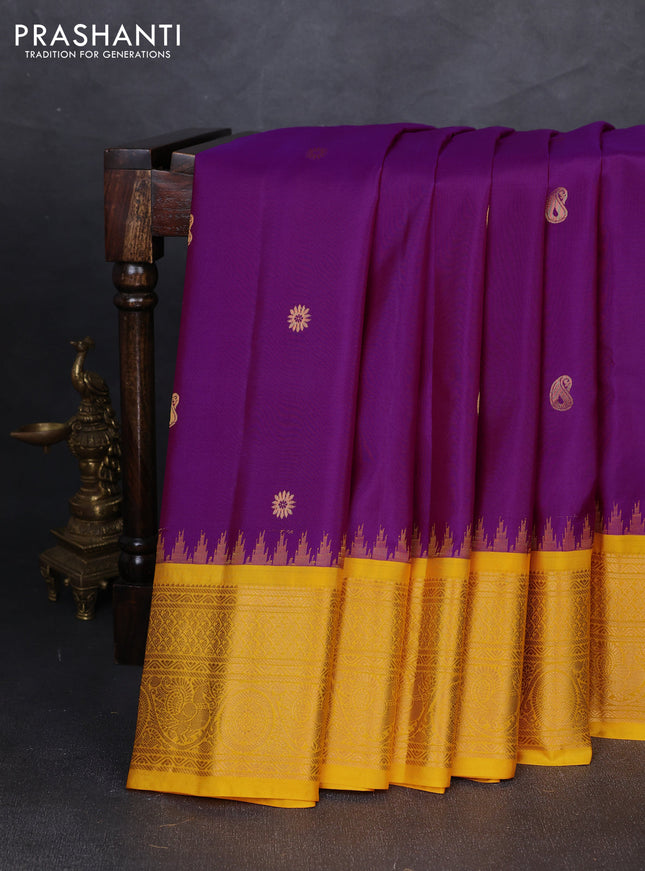 Pure gadwal silk saree purple and yellow with zari woven buttas and temple design zari woven border