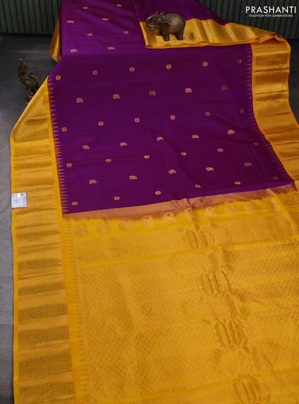 Pure gadwal silk saree purple and yellow with zari woven buttas and temple design zari woven border