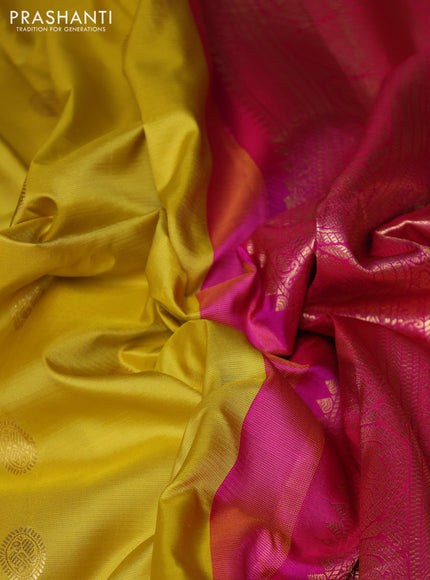 Pure gadwal silk saree lime yellow and pink with allover zari woven buttas and temple design zari woven border