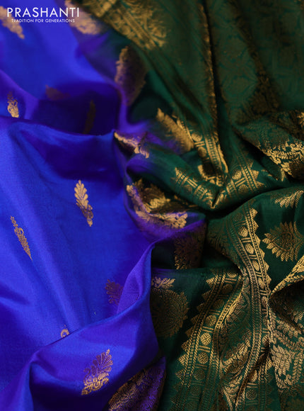 Pure gadwal silk saree royal blue and bottle green with allover zari woven buttas and temple design zari woven border