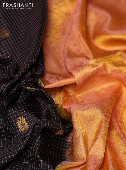 Pure gadwal silk saree black and peach orange with allover checks & zari woven buttas and temple design zari woven border
