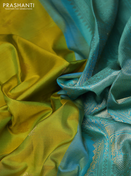 Pure gadwal silk saree lime green and teal blue with allover annam zari woven border and temple design zari woven border