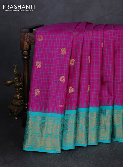 Pure gadwal silk saree dark pink and teal green witrh allover checks & zari woven buttas and temple design zari woven border