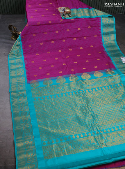 Pure gadwal silk saree dark pink and teal green witrh allover checks & zari woven buttas and temple design zari woven border