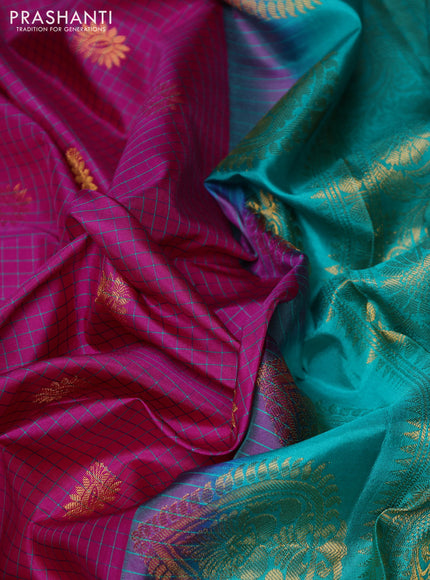 Pure gadwal silk saree dark pink and teal green witrh allover checks & zari woven buttas and temple design zari woven border