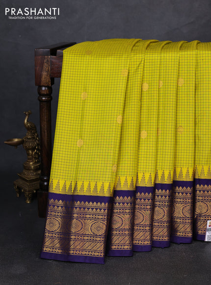 Pure gadwal silk saree lime green and navy blue with allover small checks & zari woven buttas and temple design zari woven border