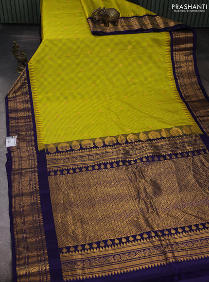 Pure gadwal silk saree lime green and navy blue with allover small checks & zari woven buttas and temple design zari woven border