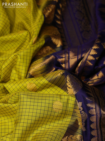 Pure gadwal silk saree lime green and navy blue with allover small checks & zari woven buttas and temple design zari woven border