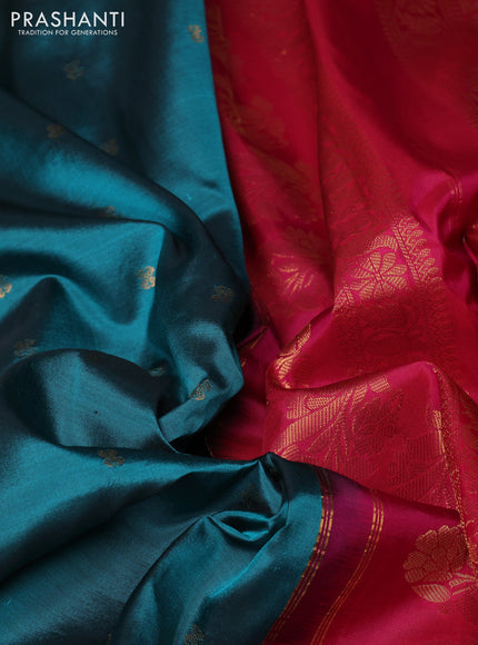 Pure gadwal silk saree peacock green and tomato pink with allover zari woven buttas and temple design zari woven border