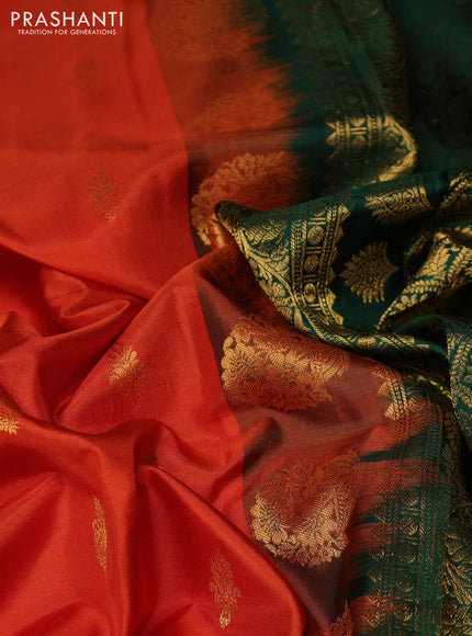 Pure gadwal silk saree orange and green with allover zari woven buttas and temple design zari woven border