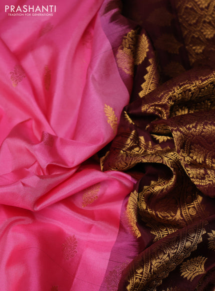 Pure gadwal silk saree pink and coffee brown with allover zari woven buttas and temple design zari woven border
