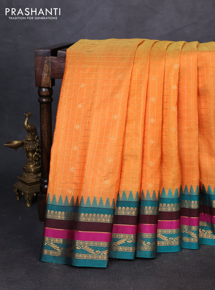Pure gadwal silk saree orange and peacock green with allover zari checks & buttas and temple design zari woven border