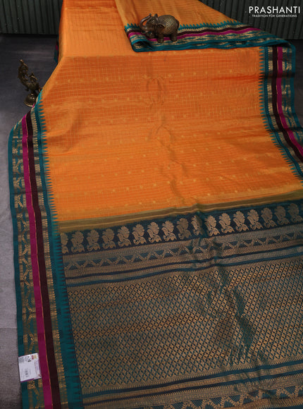 Pure gadwal silk saree orange and peacock green with allover zari checks & buttas and temple design zari woven border