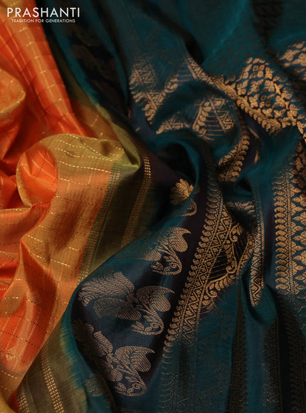 Pure gadwal silk saree orange and peacock green with allover zari checks & buttas and temple design zari woven border