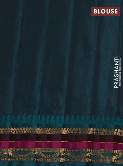Pure gadwal silk saree orange and peacock green with allover zari checks & buttas and temple design zari woven border
