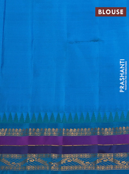 Pure gadwal silk saree cream and teal blue with allover zari checks & buttas and temple design zari woven border