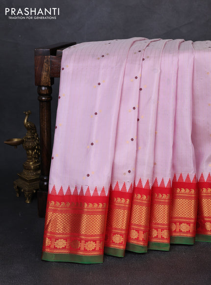 Pure gadwal silk saree pastel lavender and red with allover zari weaves & woven buttas and temple design zari woven border