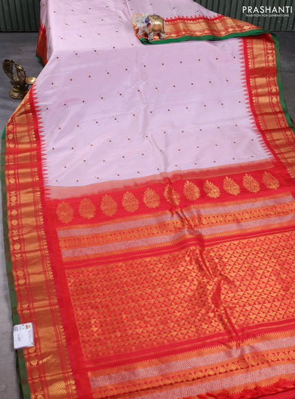 Pure gadwal silk saree pastel lavender and red with allover zari weaves & woven buttas and temple design zari woven border