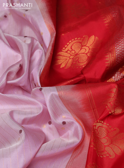 Pure gadwal silk saree pastel lavender and red with allover zari weaves & woven buttas and temple design zari woven border
