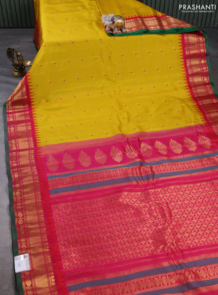 Pure gadwal silk saree lime green and pink with allover zari weaves & woven buttas and temple design zari woven border