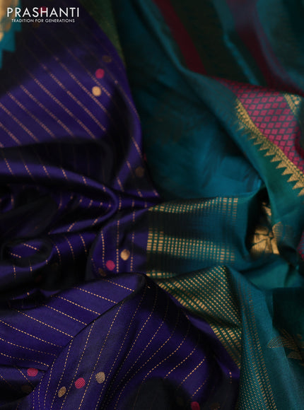 Pure gadwal silk saree violet and teal green with allover zari woven buttas and temple design zari woven border