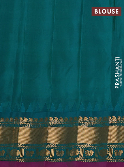 Pure gadwal silk saree violet and teal green with allover zari woven buttas and temple design zari woven border