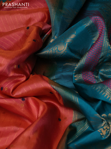 Pure gadwal silk saree dual shade of peach and teal green with allover zari weaves & woven buttas and temple design zari woven border