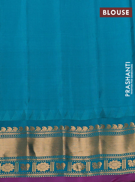 Pure gadwal silk saree dual shade of peach and teal green with allover zari weaves & woven buttas and temple design zari woven border