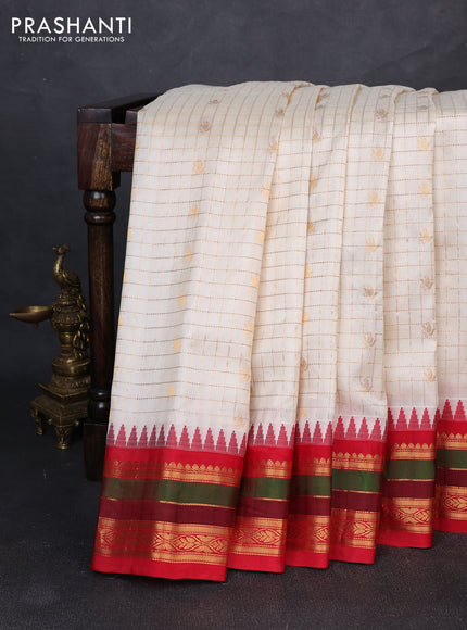 Pure gadwal silk saree cream and red with allover zari checks & buttas and temple design zari woven border