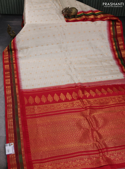 Pure gadwal silk saree cream and red with allover zari checks & buttas and temple design zari woven border