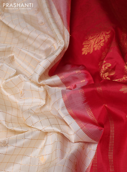 Pure gadwal silk saree cream and red with allover zari checks & buttas and temple design zari woven border