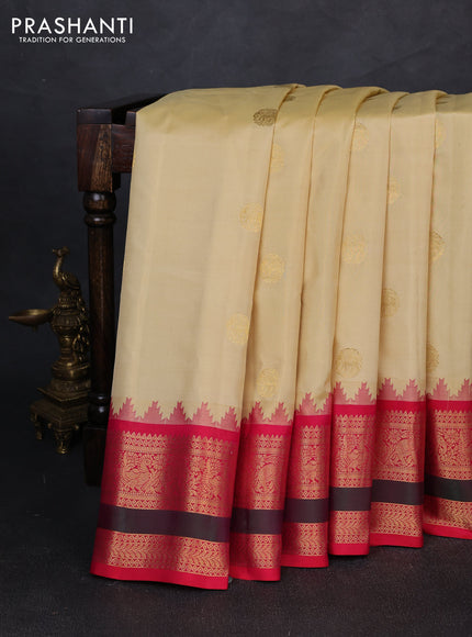 Pure gadwal silk saree cream and pink with allover zari woven buttas and temple design zari woven border