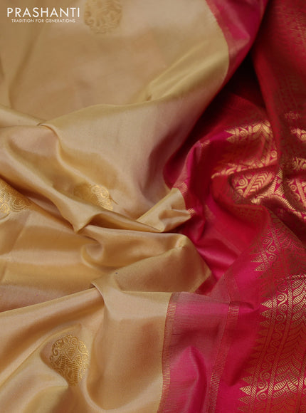 Pure gadwal silk saree cream and pink with allover zari woven buttas and temple design zari woven border
